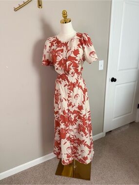 Anthropologie Puff Sleeve Smocked Jumpsuit Terracotta Floral Print Boho Sz M